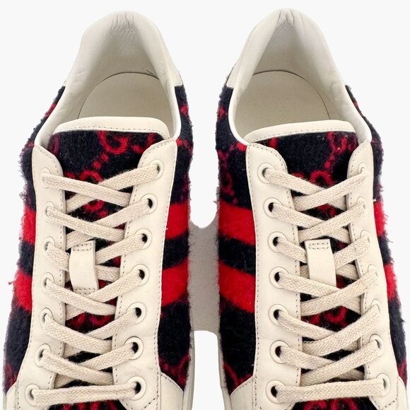 Gucci Ace GG Sneakers EU 7 US 7.5 Navy Blue Red Wool Lace Up Low Top Shoes - Picture 4 of 11